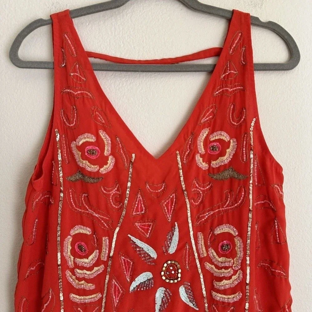 Free People Mini Dress Women XS Red Beaded Sequin‎ Boho Shift OB334008